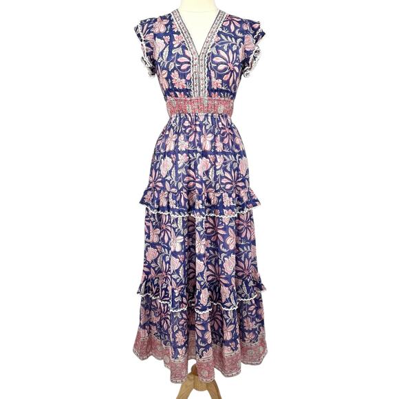 NWT Sal Rosa Womens Boho Hand Block-Printed Floral Tiered Maxi Dress Size M $235 - Picture 2 of 12